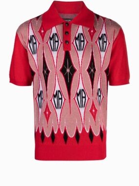 MA Red Geometric V-Neck Short-Sleeve Knit Polo Sweater
